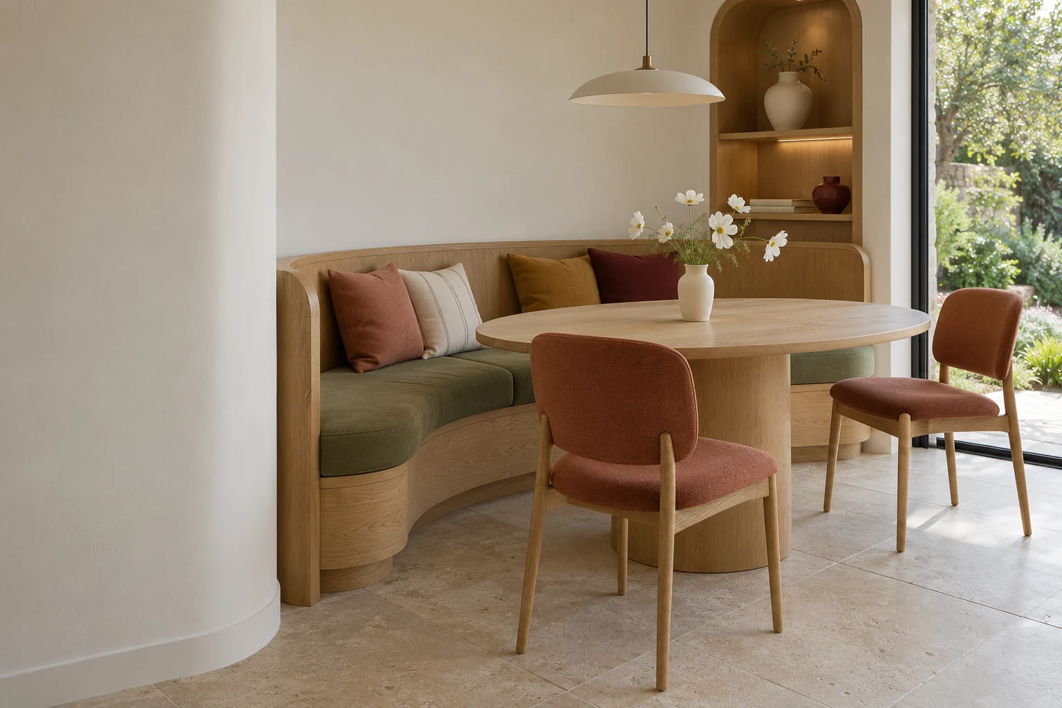 Banquette courbe en chêne, assise vert sauge, chaises terracotta et lumière naturelle du jardin