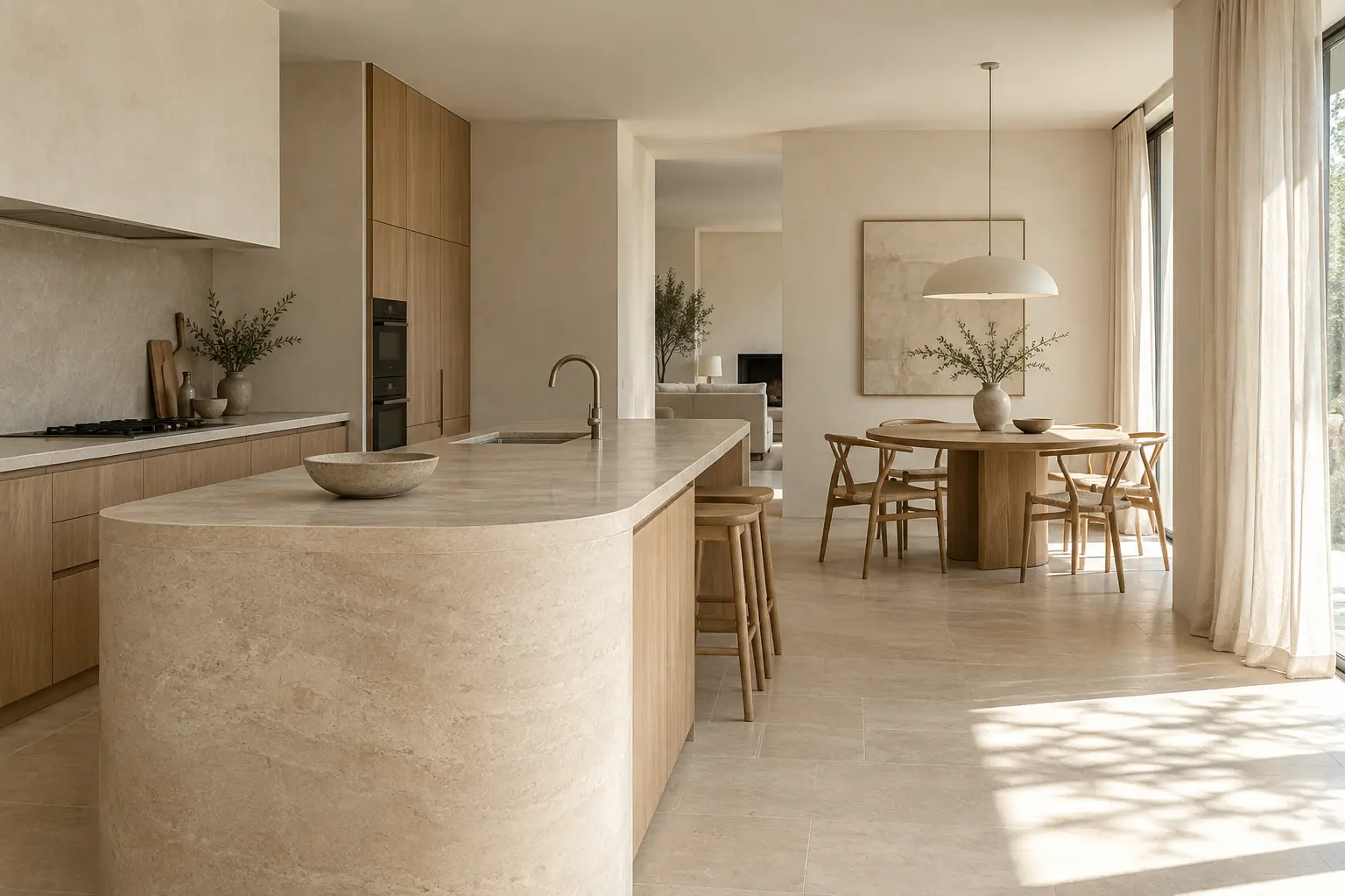 Une cuisine ouverte sur un espace de vie lumineux, aux matières naturelles et au mobilier sur mesure