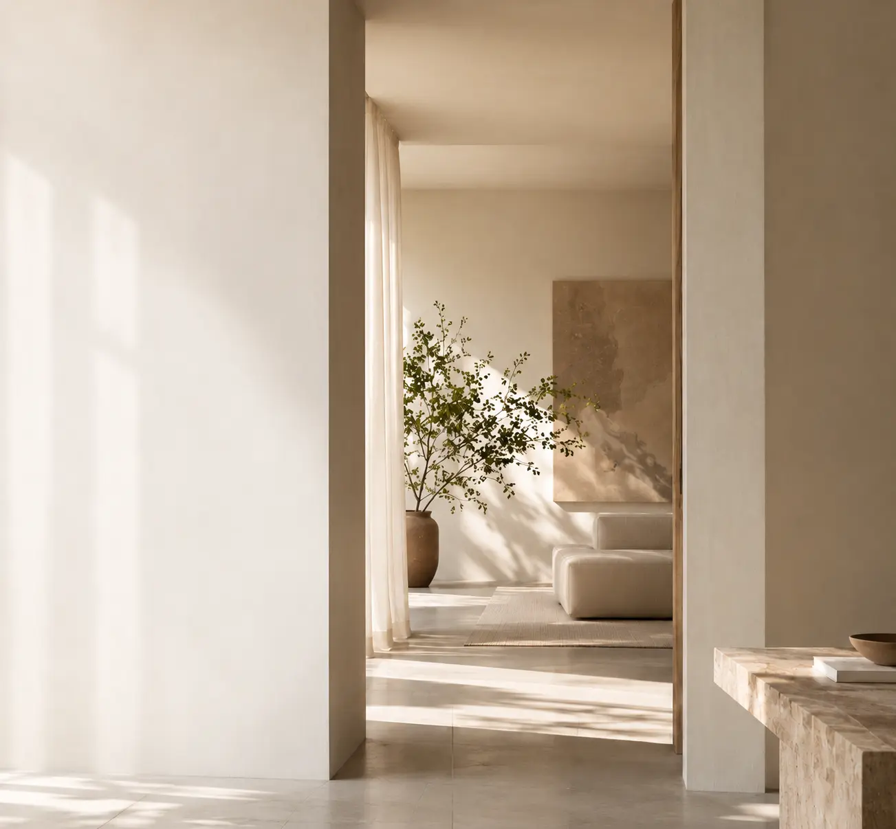 Un intérieur calme aux transitions douces, aux matériaux naturels et aux détails soignés